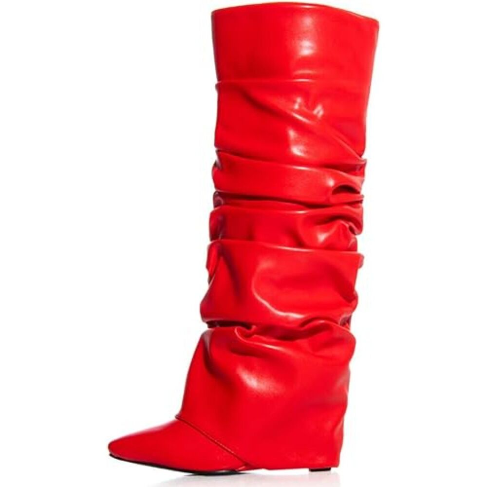 Women's Red Wedge Heel Patent Wide Calf Pointed Toe Knee High Boot